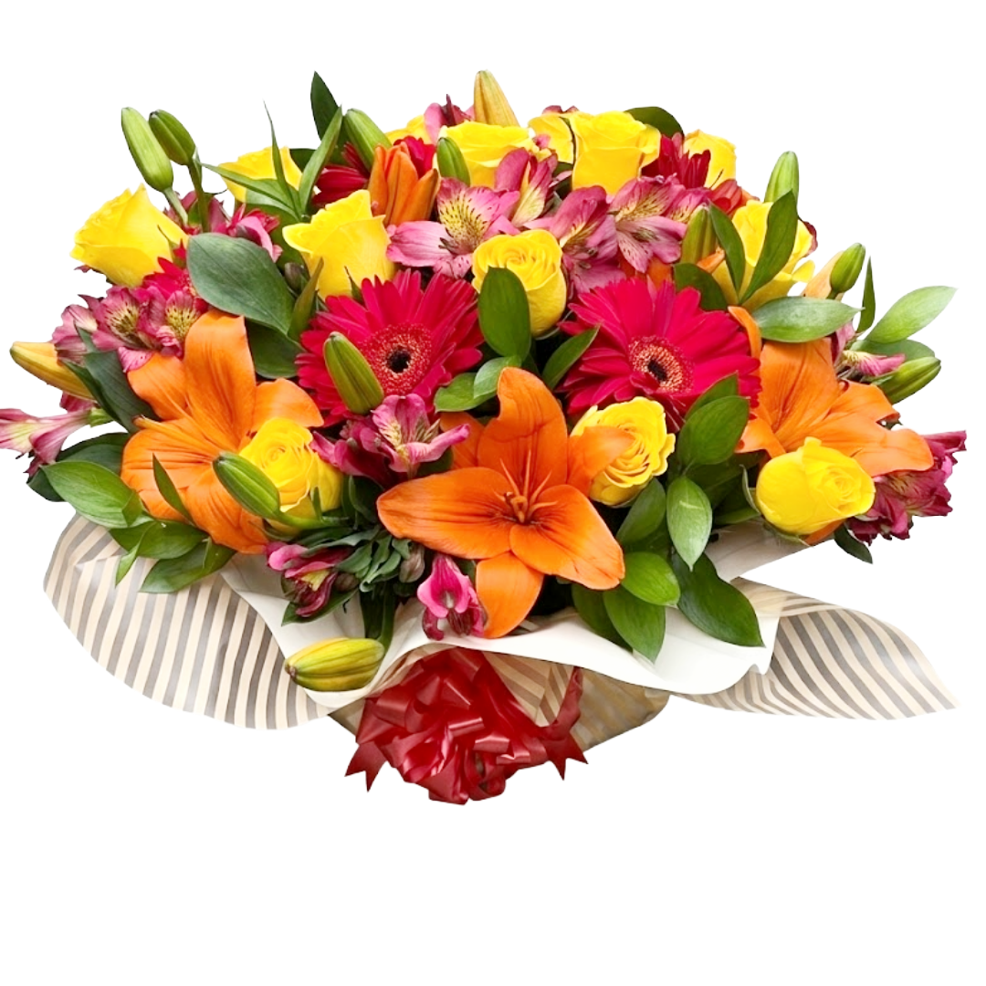 Arreglo foral tropical, con rosas, lirios, gerberas, astromelias en Guayaquil.  vista 1